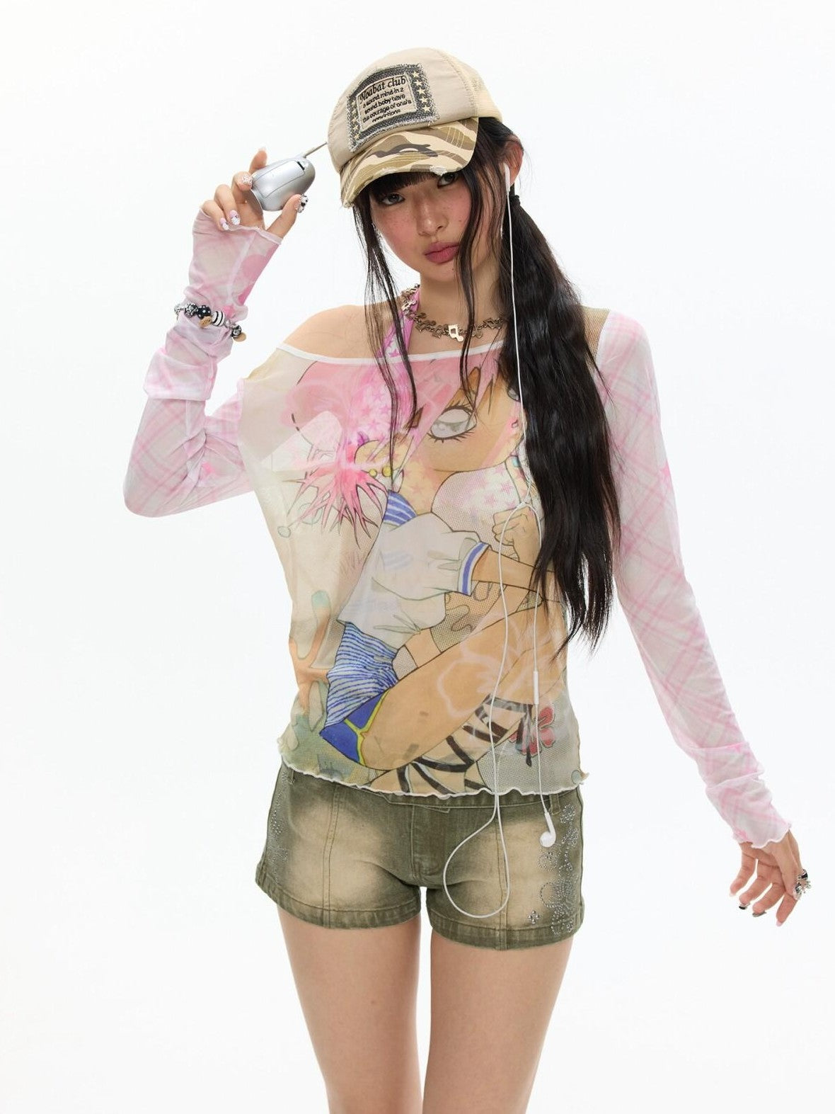 BETWEENAND Millennial Pink Allover Character Print Mesh Women&