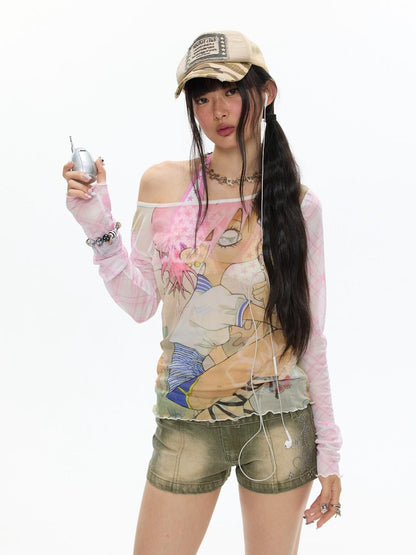 BETWEENAND Millennial Pink Allover Character Print Mesh Women&