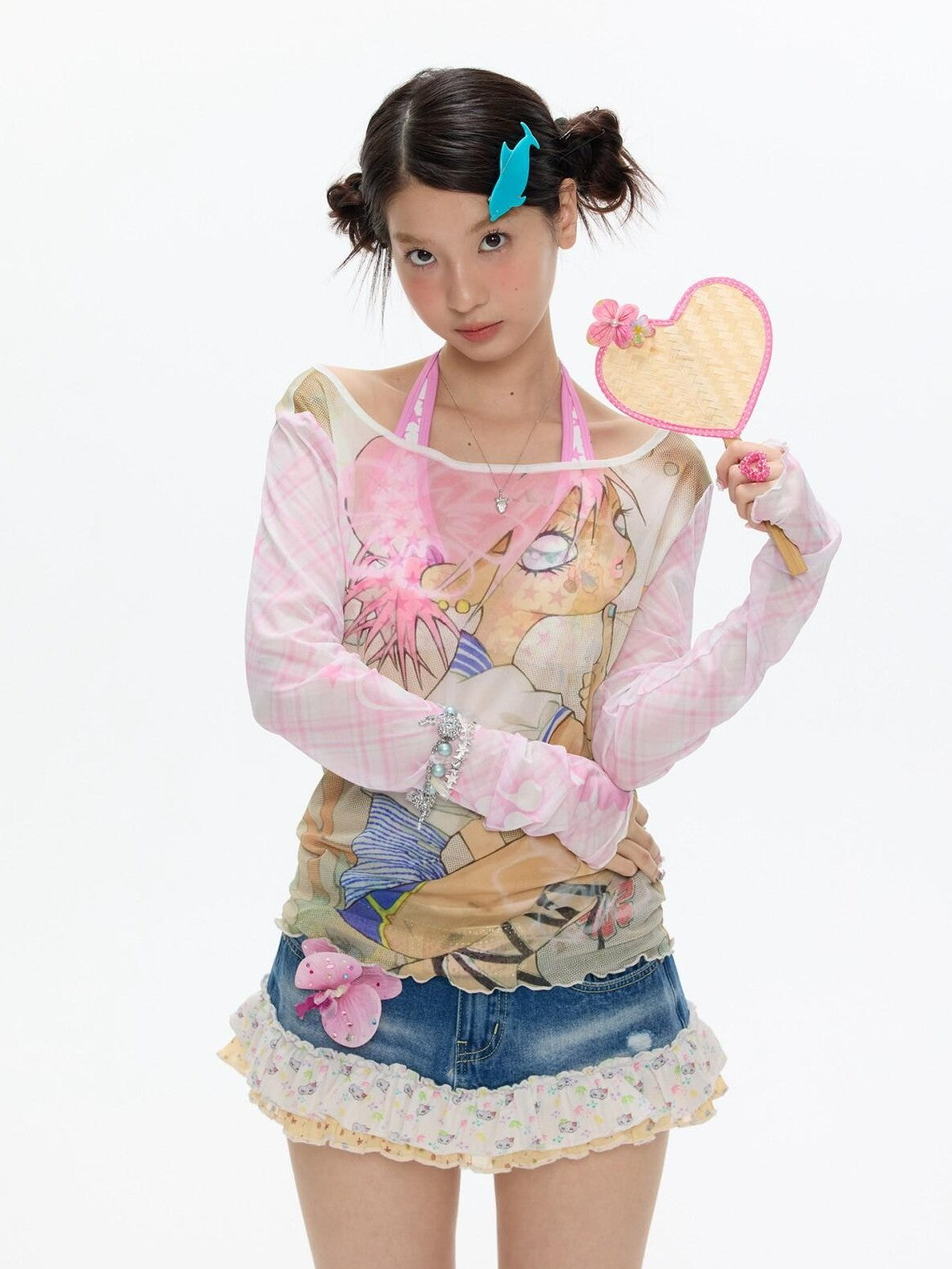 BETWEENAND Millennial Pink Allover Character Print Mesh Women&