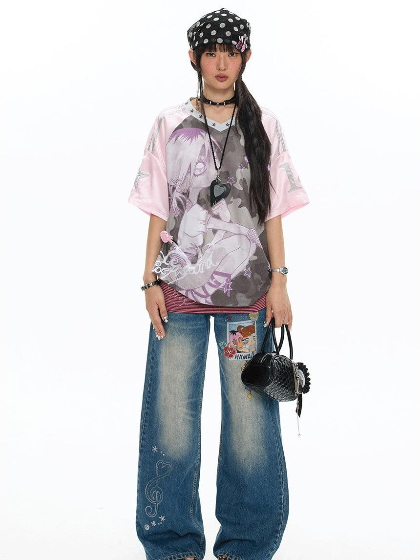 BETWEENAND Millennial Pink Patchwork Camouflage V-neck Women&
