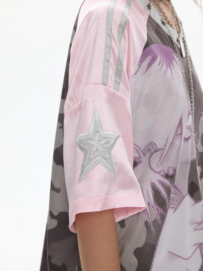 BETWEENAND Millennial Pink Patchwork Camouflage V-neck Women&