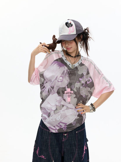 BETWEENAND Millennial Pink Patchwork Camouflage V-neck Women&