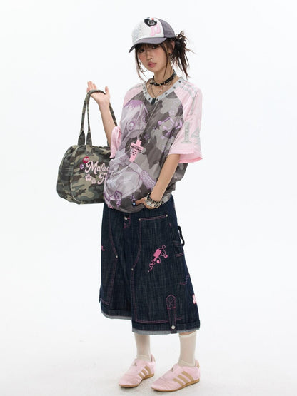 BETWEENAND Millennial Pink Patchwork Camouflage V-neck Women&