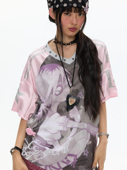 BETWEENAND Millennial Pink Patchwork Camouflage V-neck Women&
