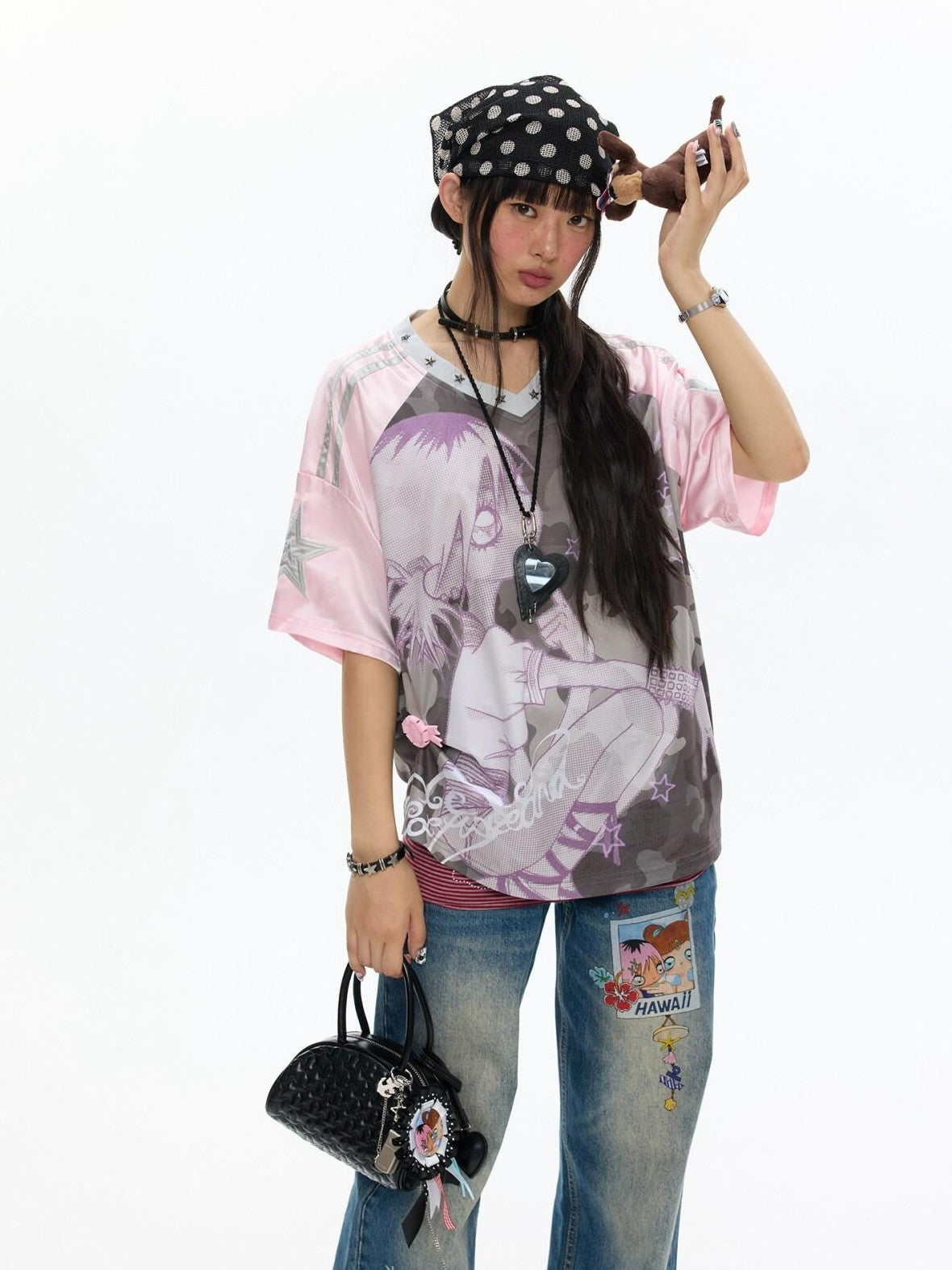 BETWEENAND Millennial Pink Patchwork Camouflage V-neck Women&