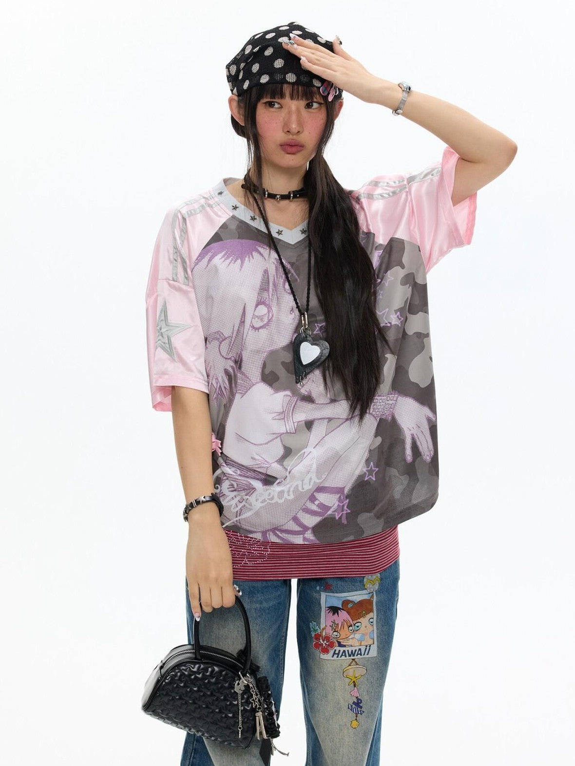 BETWEENAND Millennial Pink Patchwork Camouflage V-neck Women&