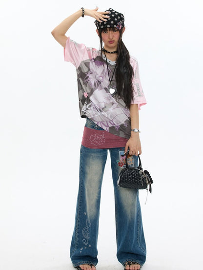 BETWEENAND Millennial Pink Patchwork Camouflage V-neck Women&