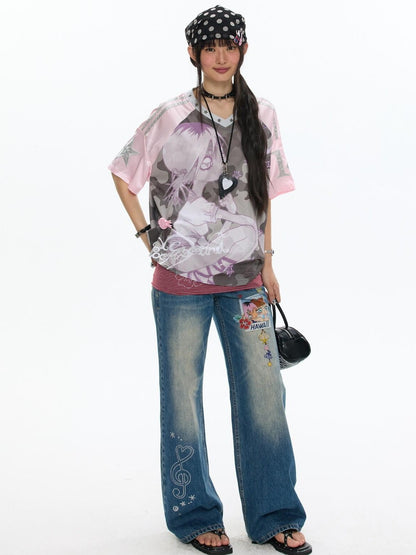 BETWEENAND Millennial Pink Patchwork Camouflage V-neck Women&