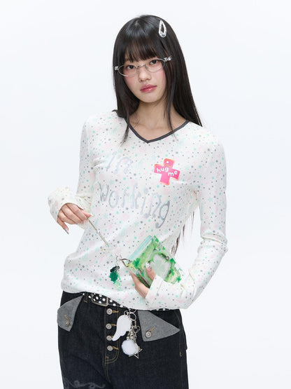 BETWEENAND Mint Allover Print V-neck Loose Women&