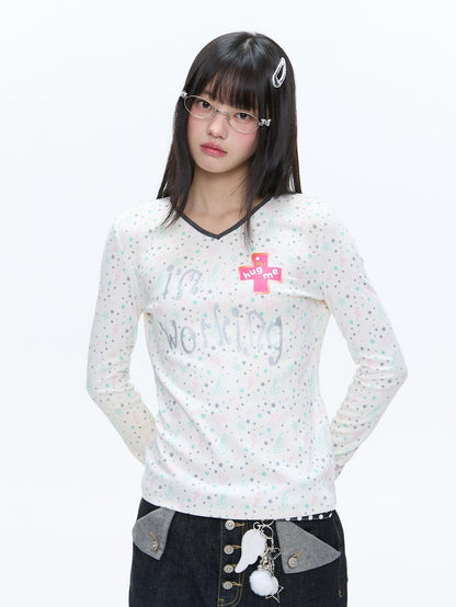 BETWEENAND Mint Allover Print V-neck Loose Women&