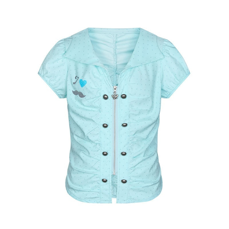 BETWEENAND_Mint_Blue_Polka_Dot_Puff_Sleeve_Cinched_Waist_Women&