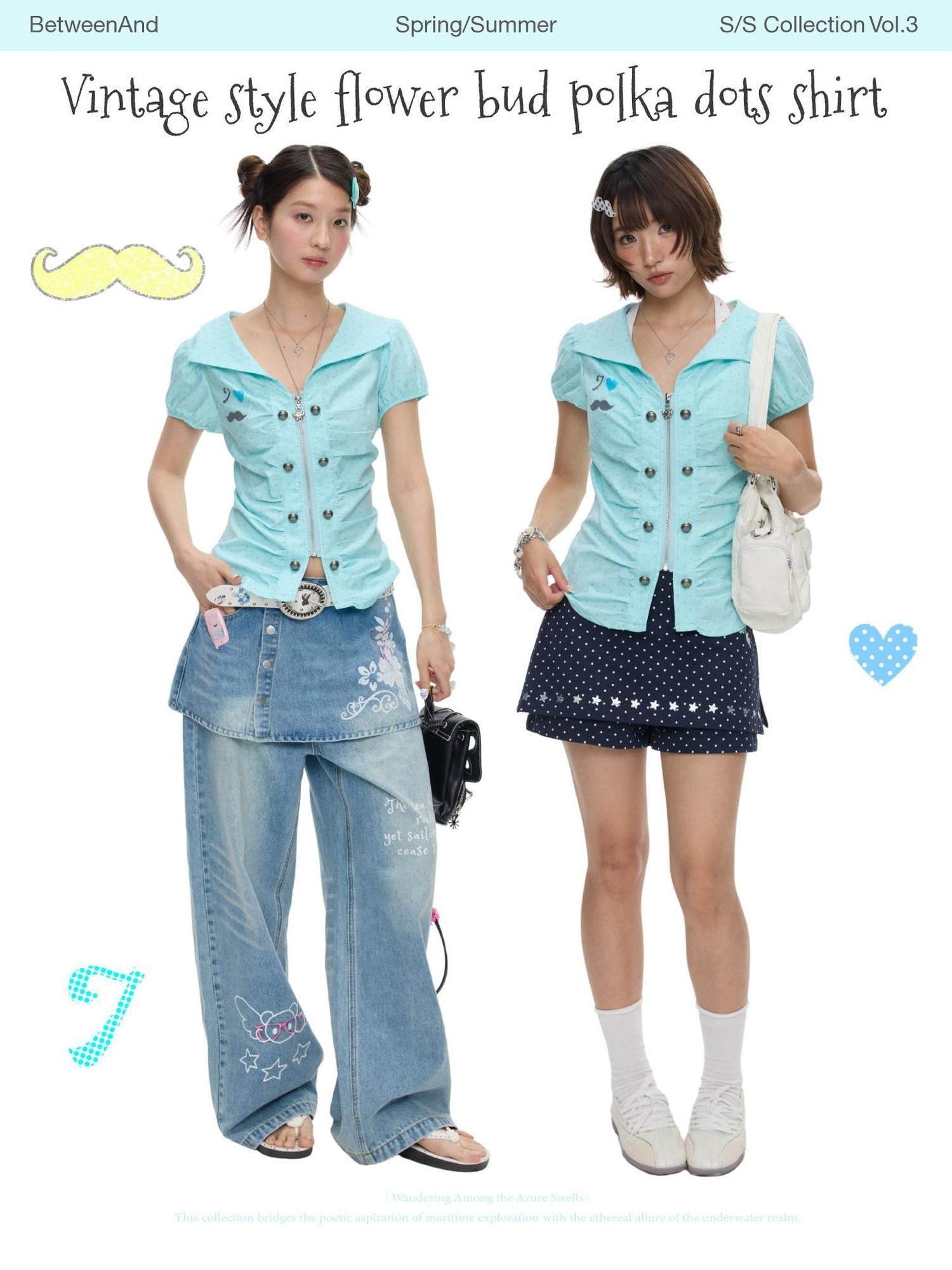 BETWEENAND Mint Blue Polka Dot Puff Sleeve Cinched Waist Women&