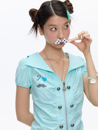 BETWEENAND Mint Blue Polka Dot Puff Sleeve Cinched Waist Women&