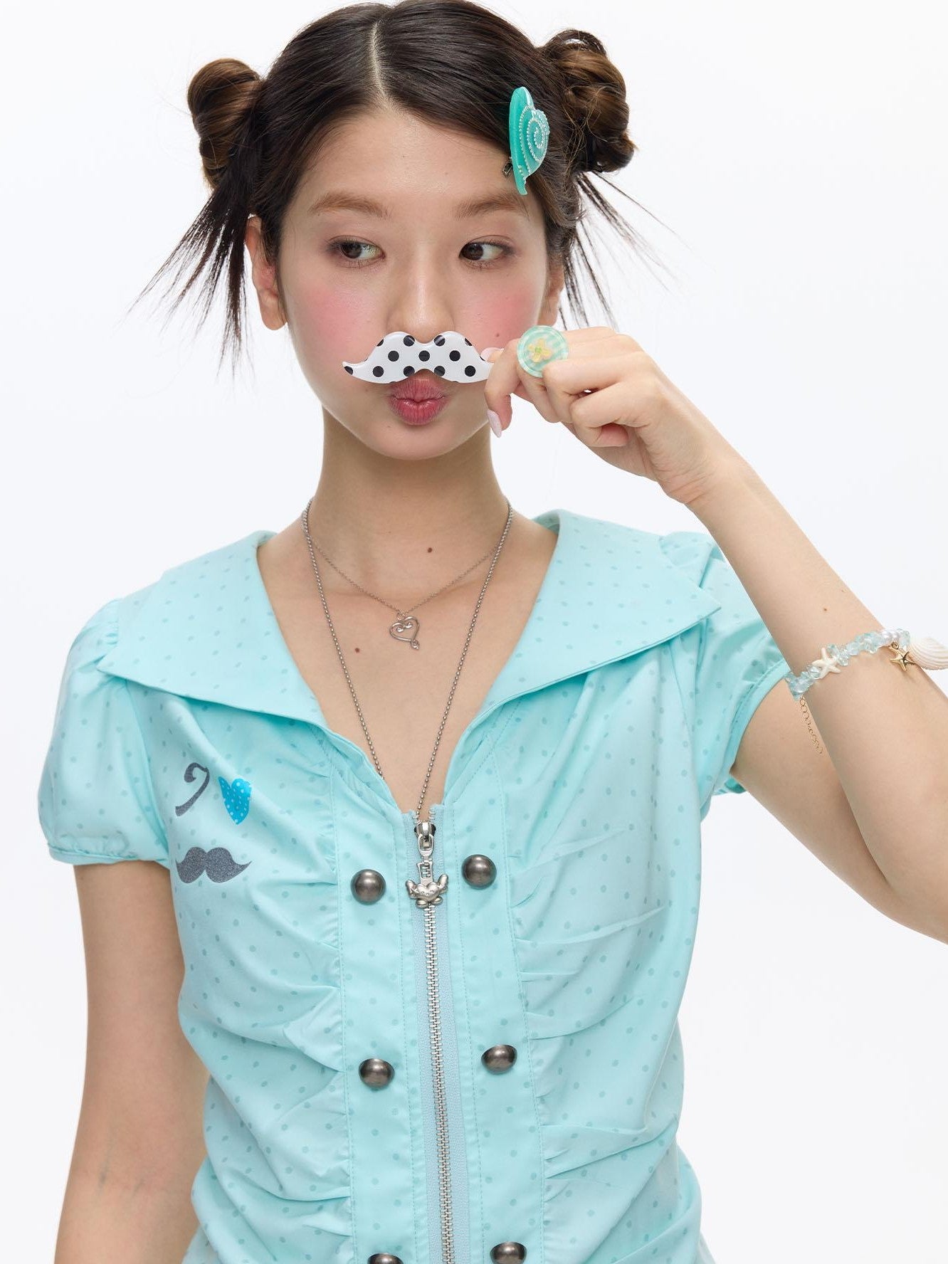BETWEENAND Mint Blue Polka Dot Puff Sleeve Cinched Waist Women&