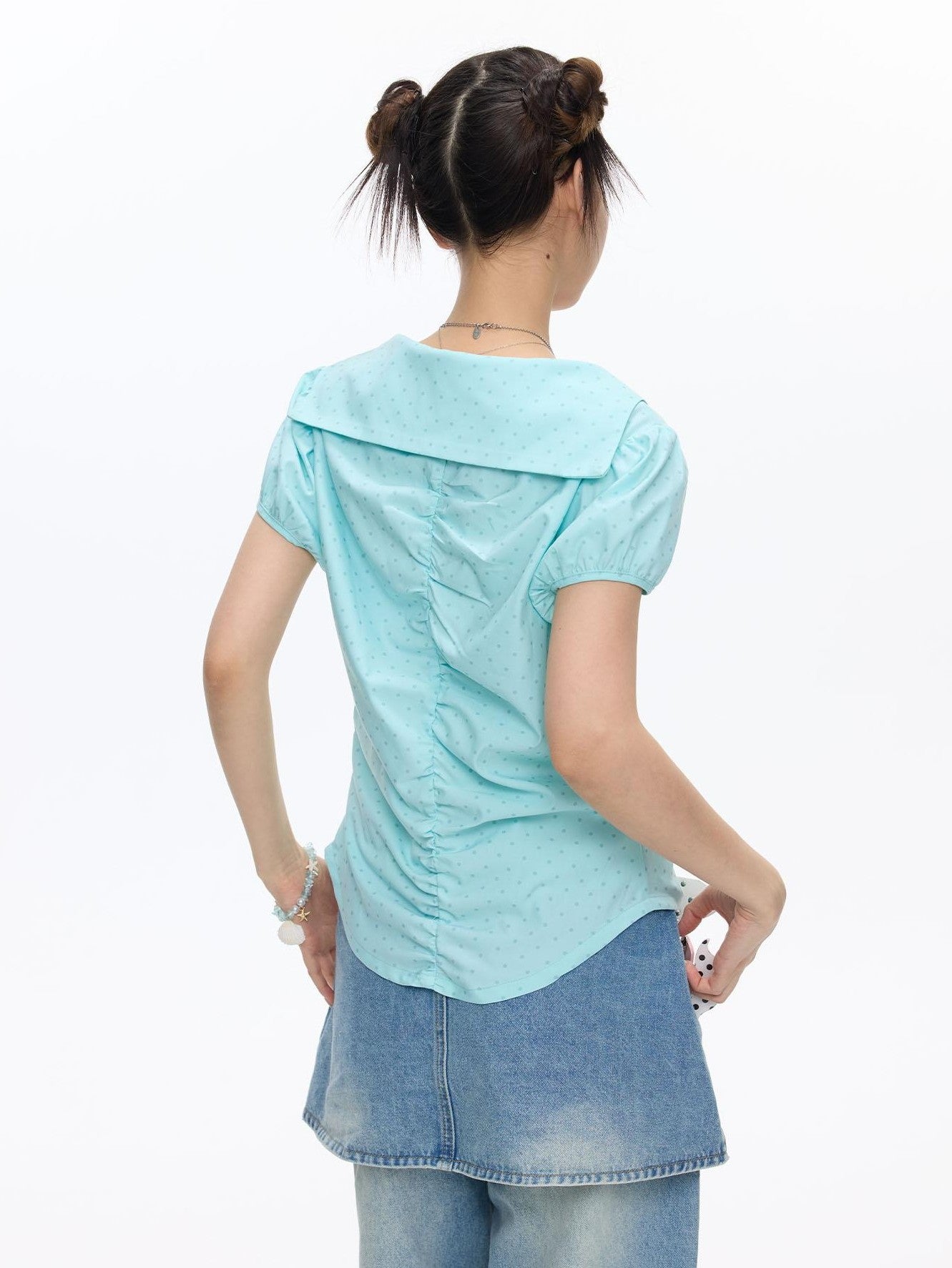 BETWEENAND Mint Blue Polka Dot Puff Sleeve Cinched Waist Women&