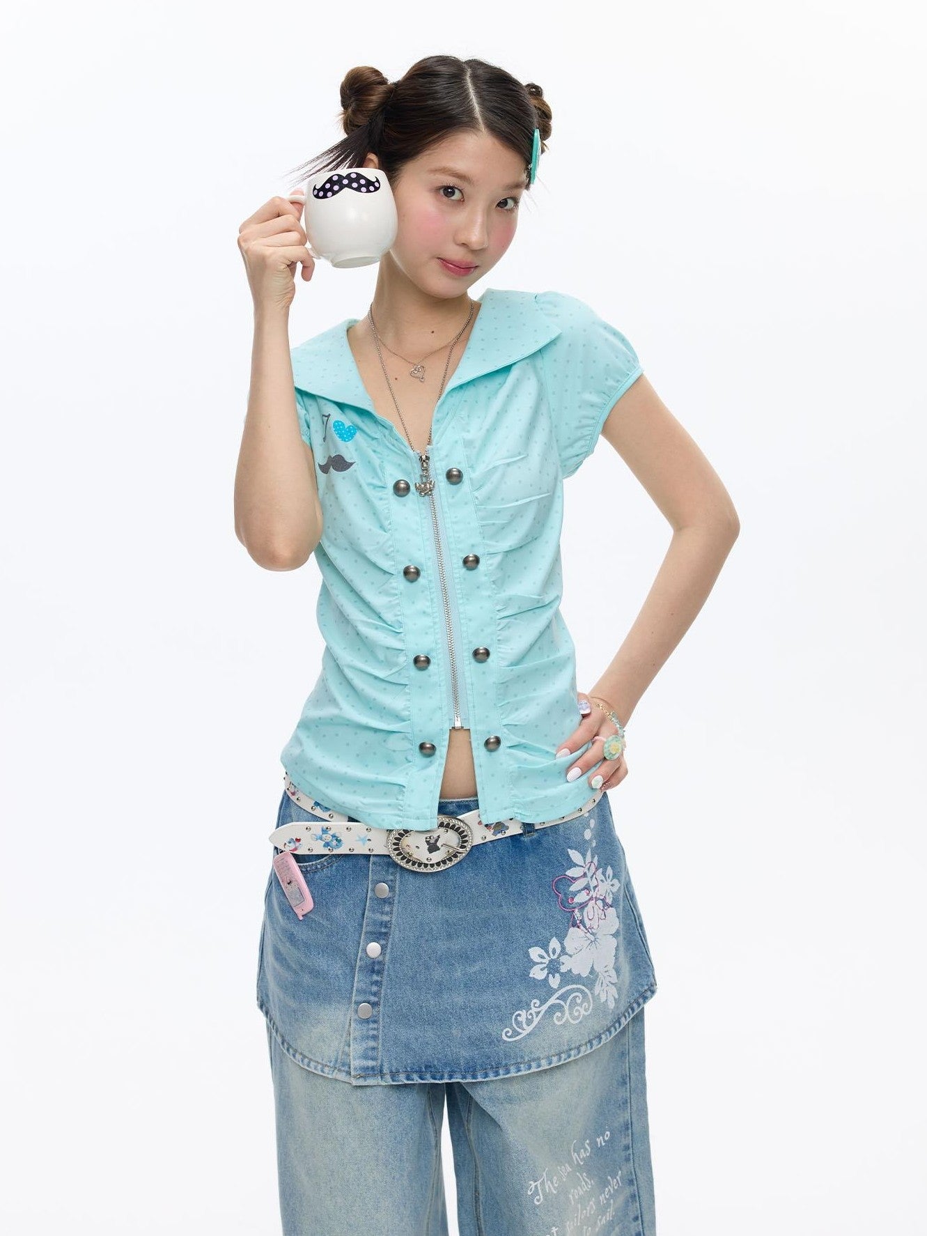 BETWEENAND Mint Blue Polka Dot Puff Sleeve Cinched Waist Women&