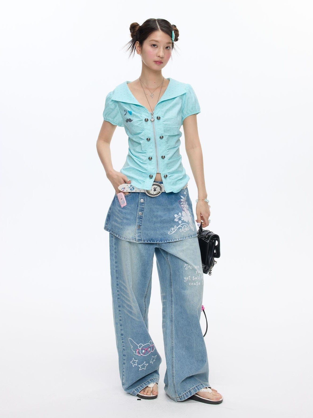 BETWEENAND Mint Blue Polka Dot Puff Sleeve Cinched Waist Women&