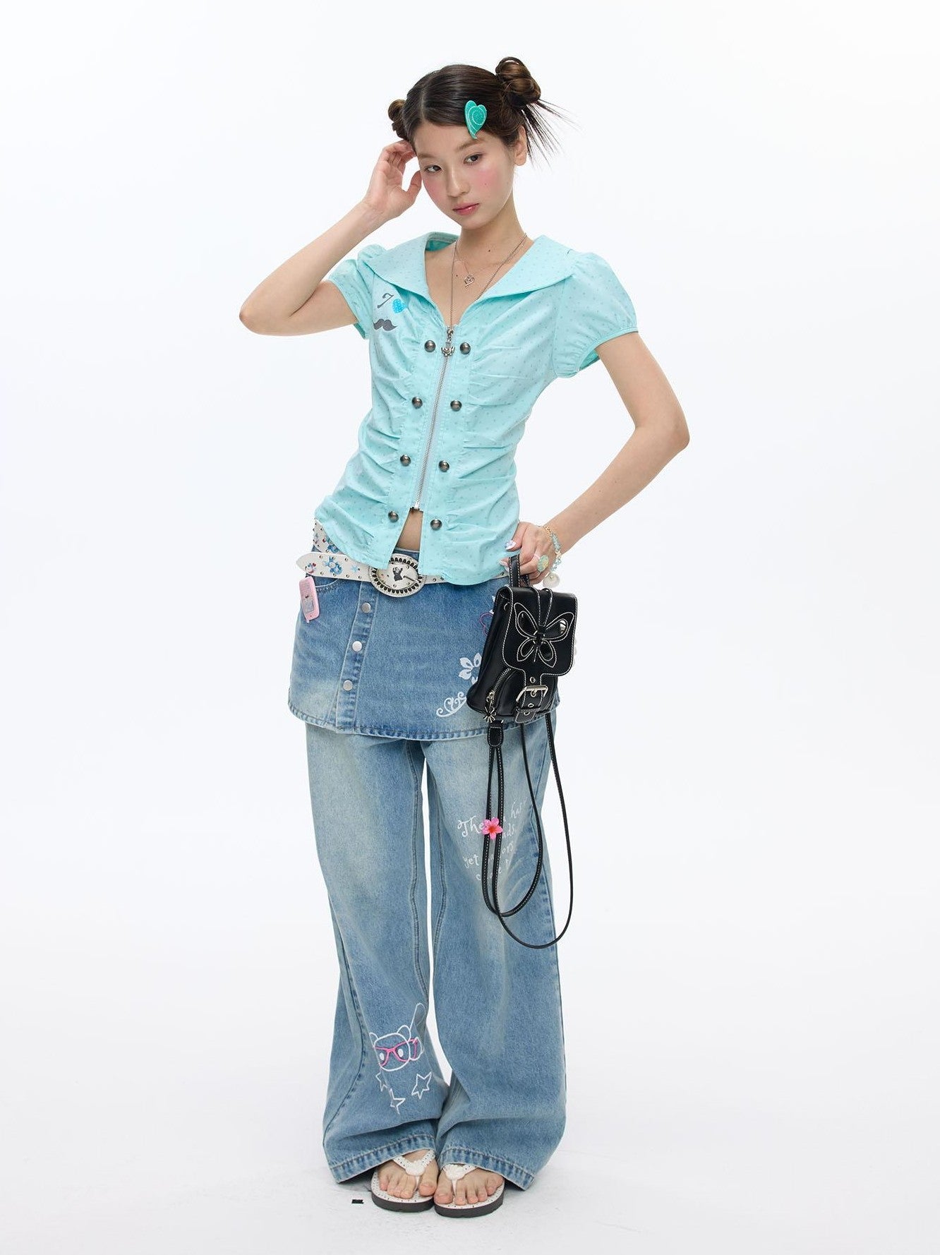 BETWEENAND Mint Blue Polka Dot Puff Sleeve Cinched Waist Women&