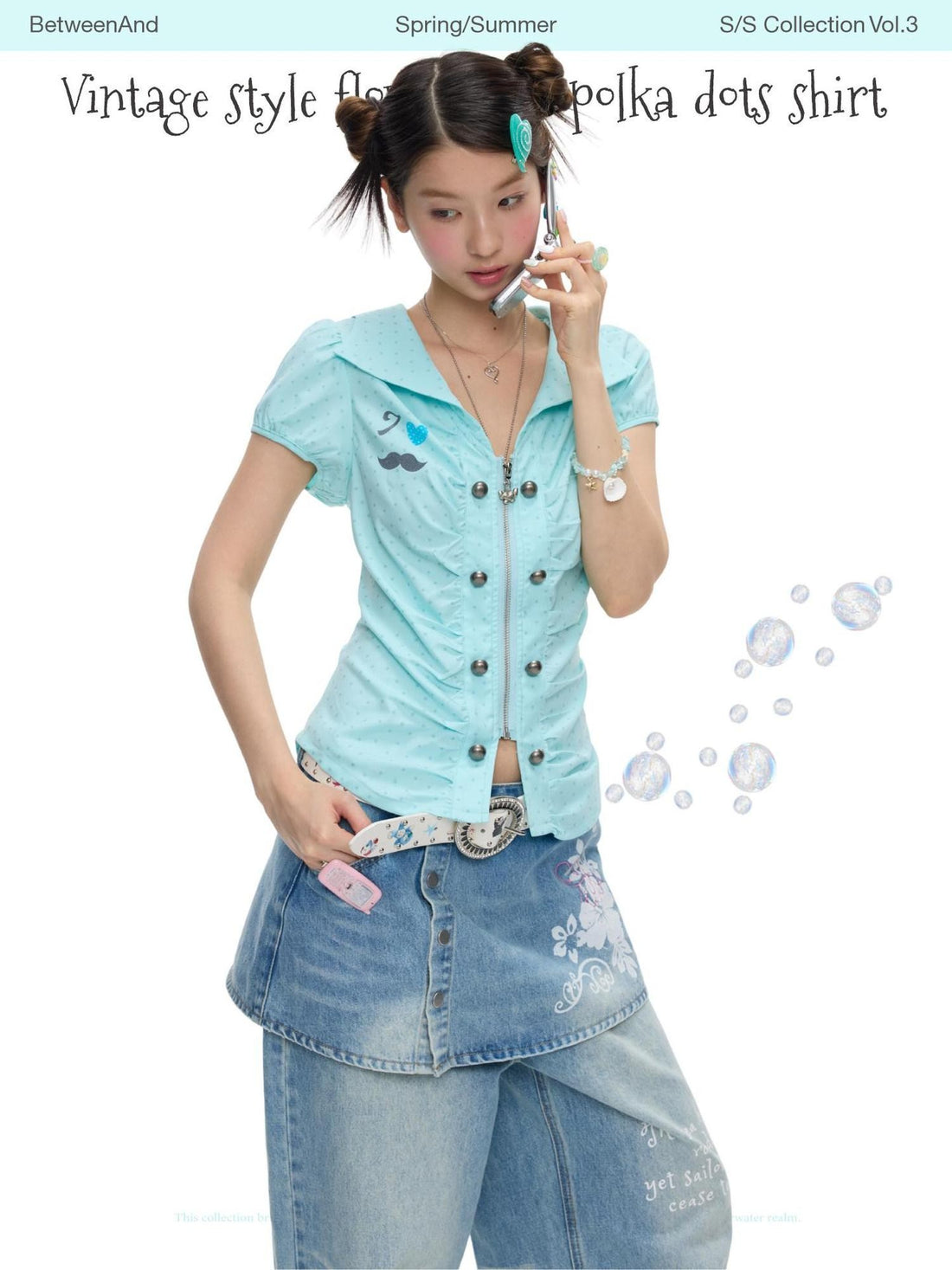 BETWEENAND Mint Blue Polka Dot Puff Sleeve Cinched Waist Women&