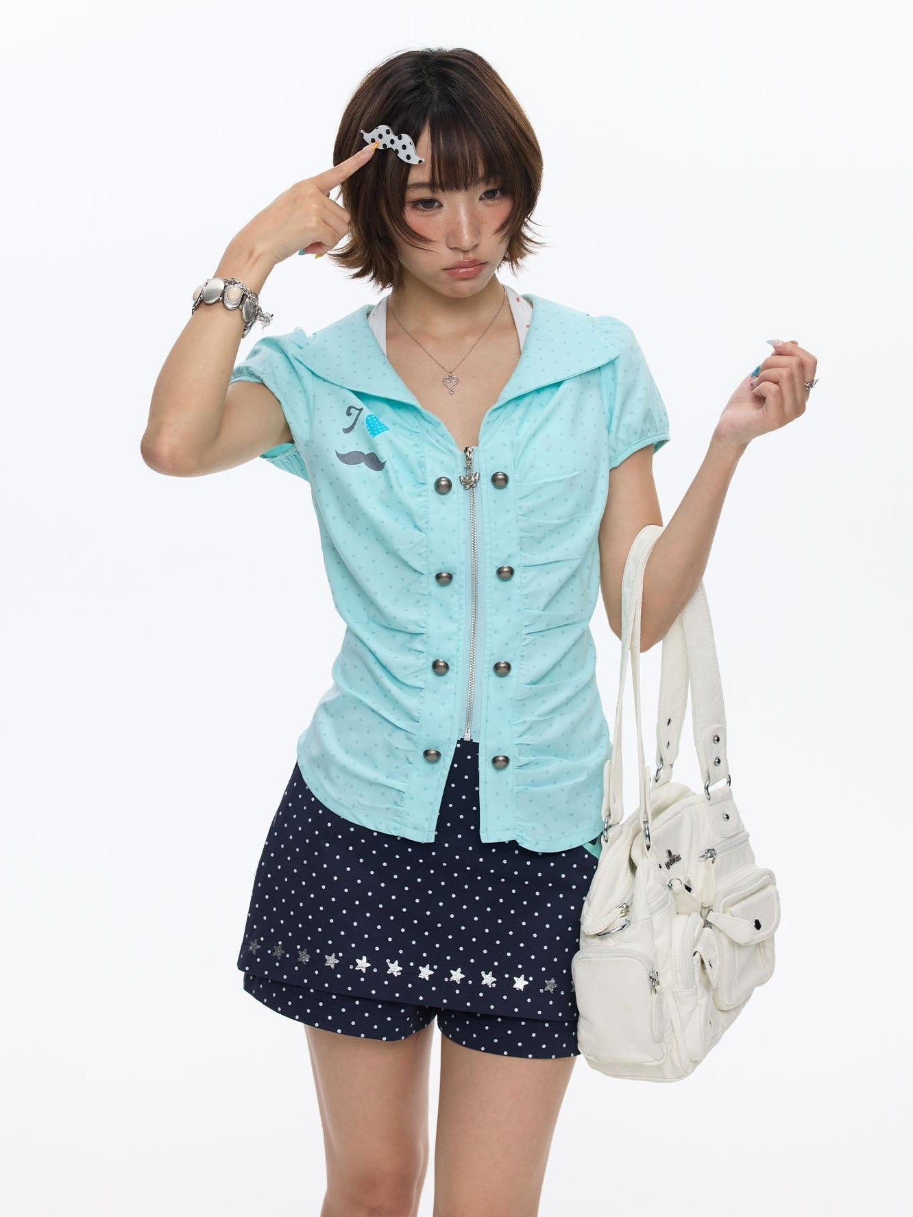 BETWEENAND Mint Blue Polka Dot Puff Sleeve Cinched Waist Women&