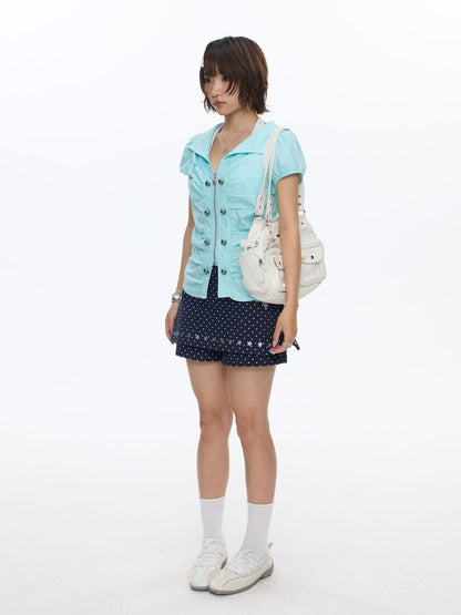 BETWEENAND Mint Blue Polka Dot Puff Sleeve Cinched Waist Women&