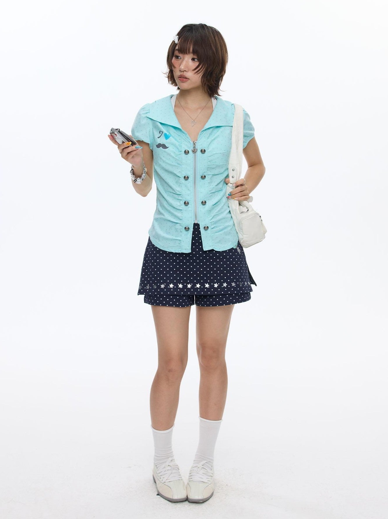 BETWEENAND Mint Blue Polka Dot Puff Sleeve Cinched Waist Women&