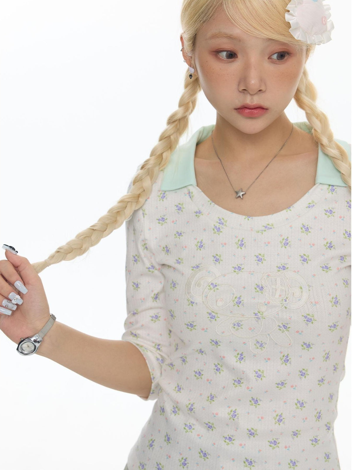 BETWEENAND Mint Green Floral Jacquard Embroidered Women&
