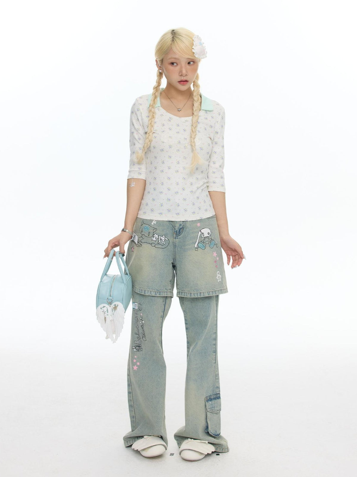 BETWEENAND Mint Green Floral Jacquard Embroidered Women&