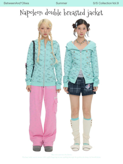 BETWEENAND Mint Green Napoleon Collar Double Row Buttons Women&