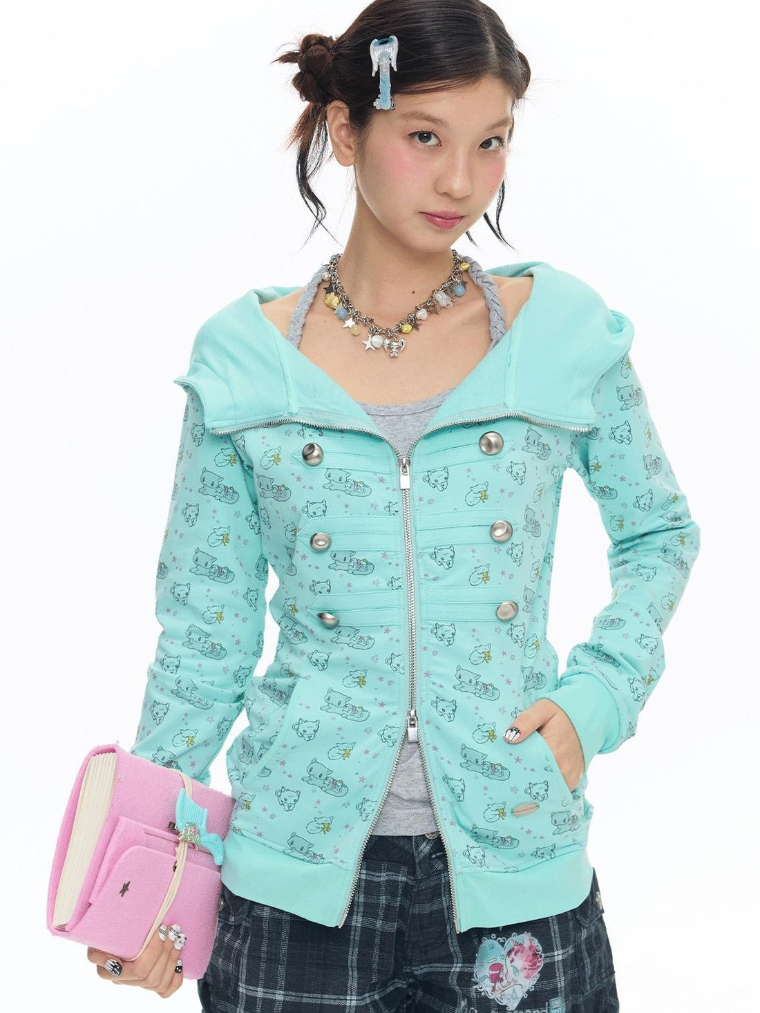 BETWEENAND Mint Green Napoleon Collar Double Row Buttons Women&