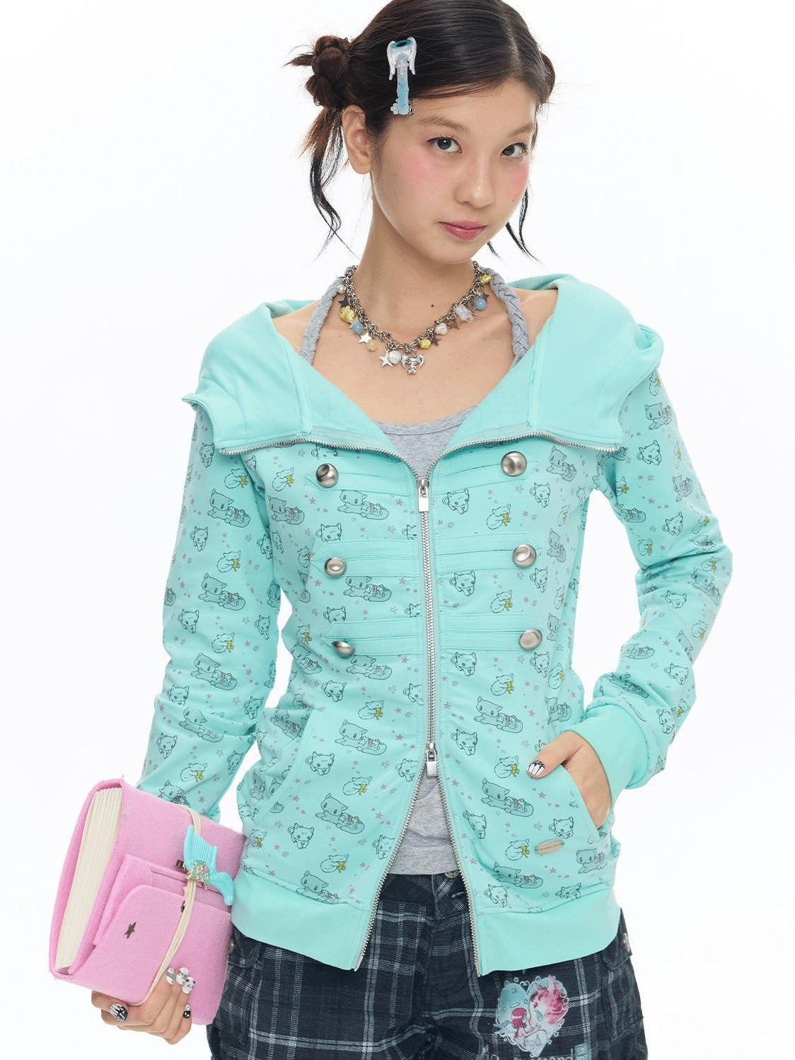BETWEENAND Mint Green Napoleon Collar Double Row Buttons Women&