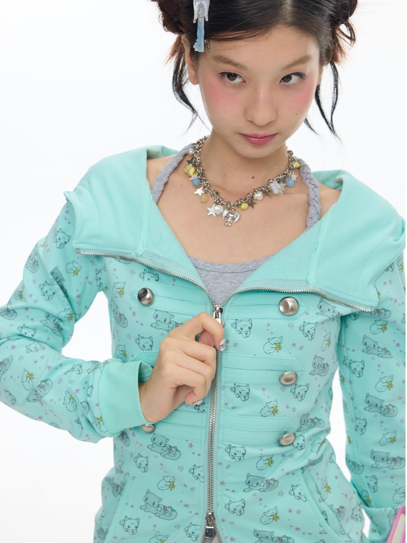 BETWEENAND Mint Green Napoleon Collar Double Row Buttons Women&