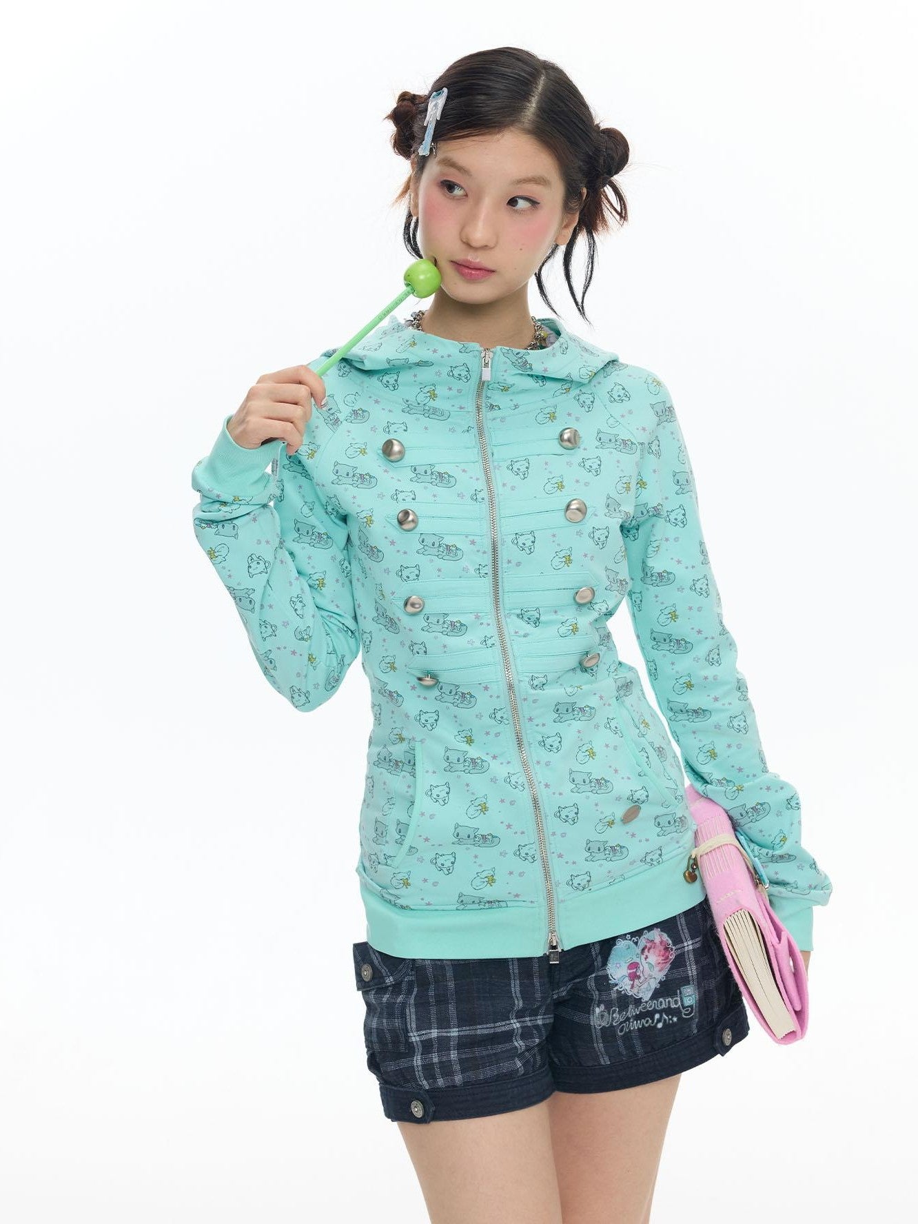 BETWEENAND Mint Green Napoleon Collar Double Row Buttons Women&
