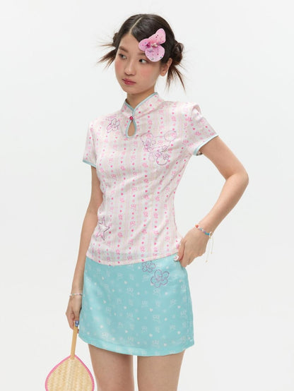 BETWEENAND Mint Green Printed Slimming High Waist A Line Women&