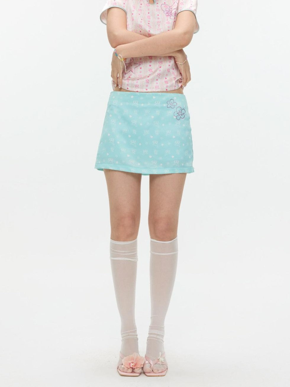 BETWEENAND Mint Green Printed Slimming High Waist A Line Women&