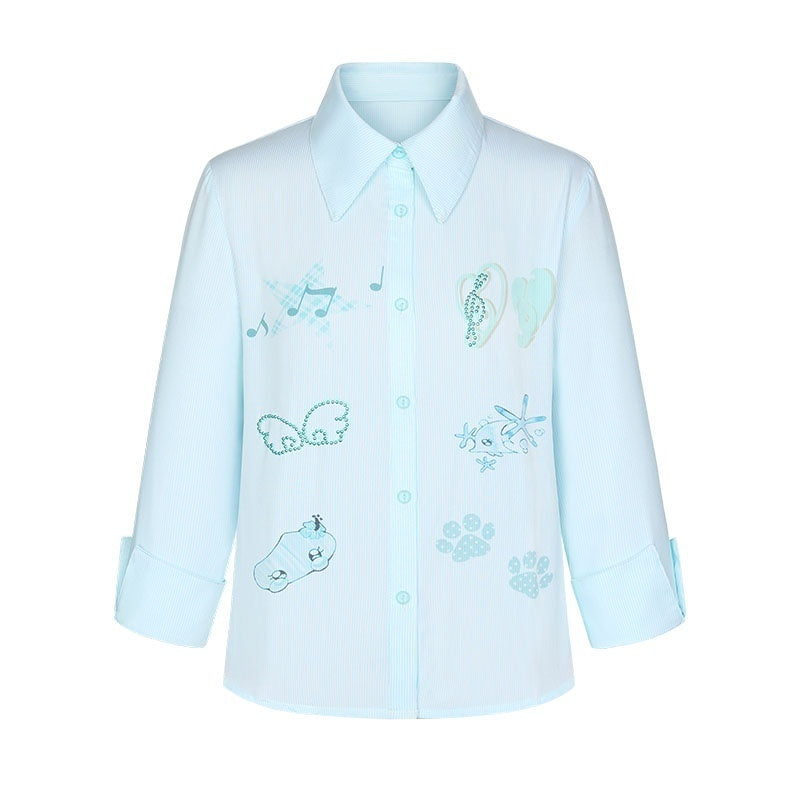 BETWEENAND_Mint_Striped_Rhinestone_Cinched_Waist_Stand_Collar_Women&