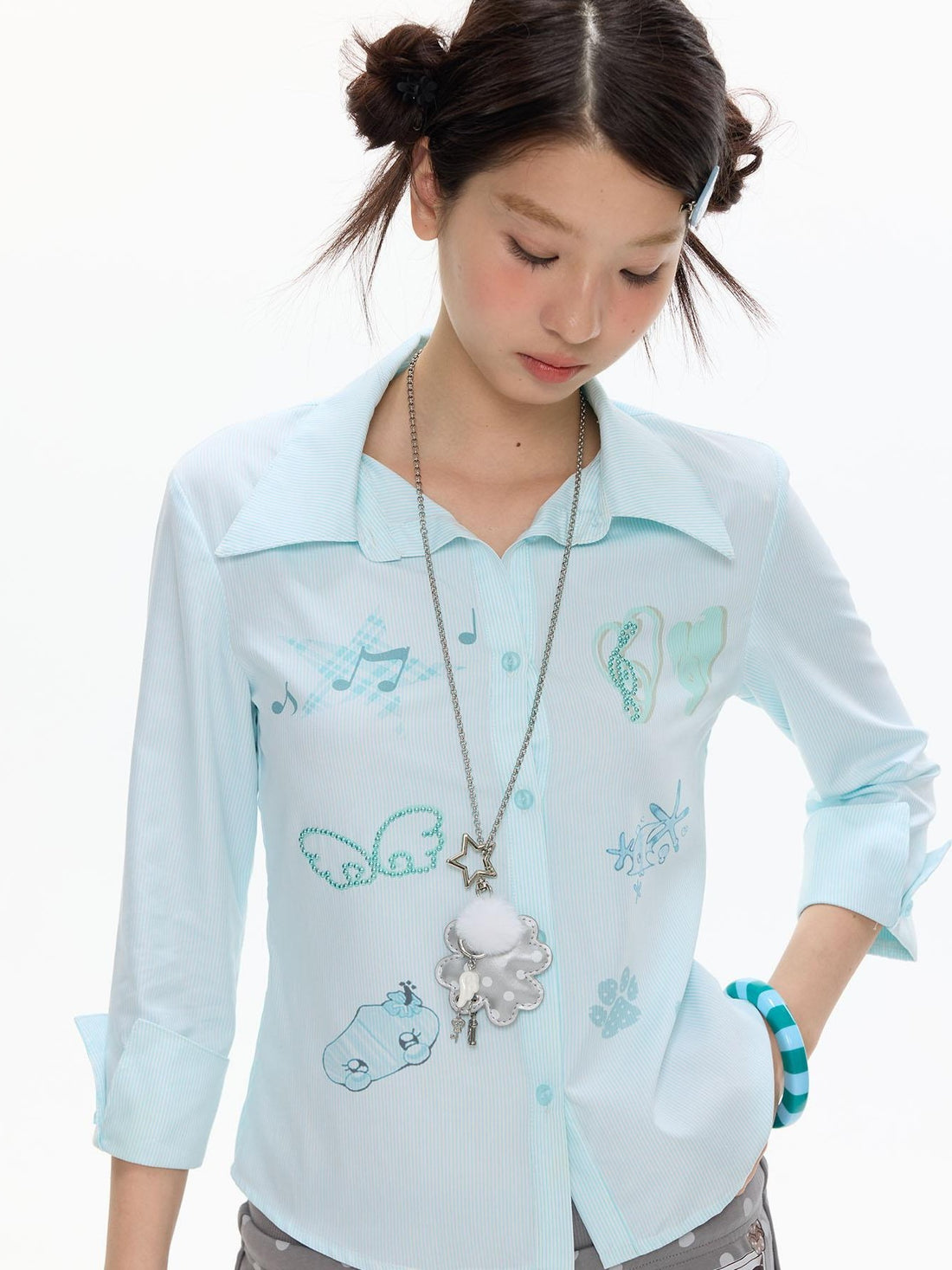 BETWEENAND Mint Striped Rhinestone Cinched Waist Stand Collar Women&