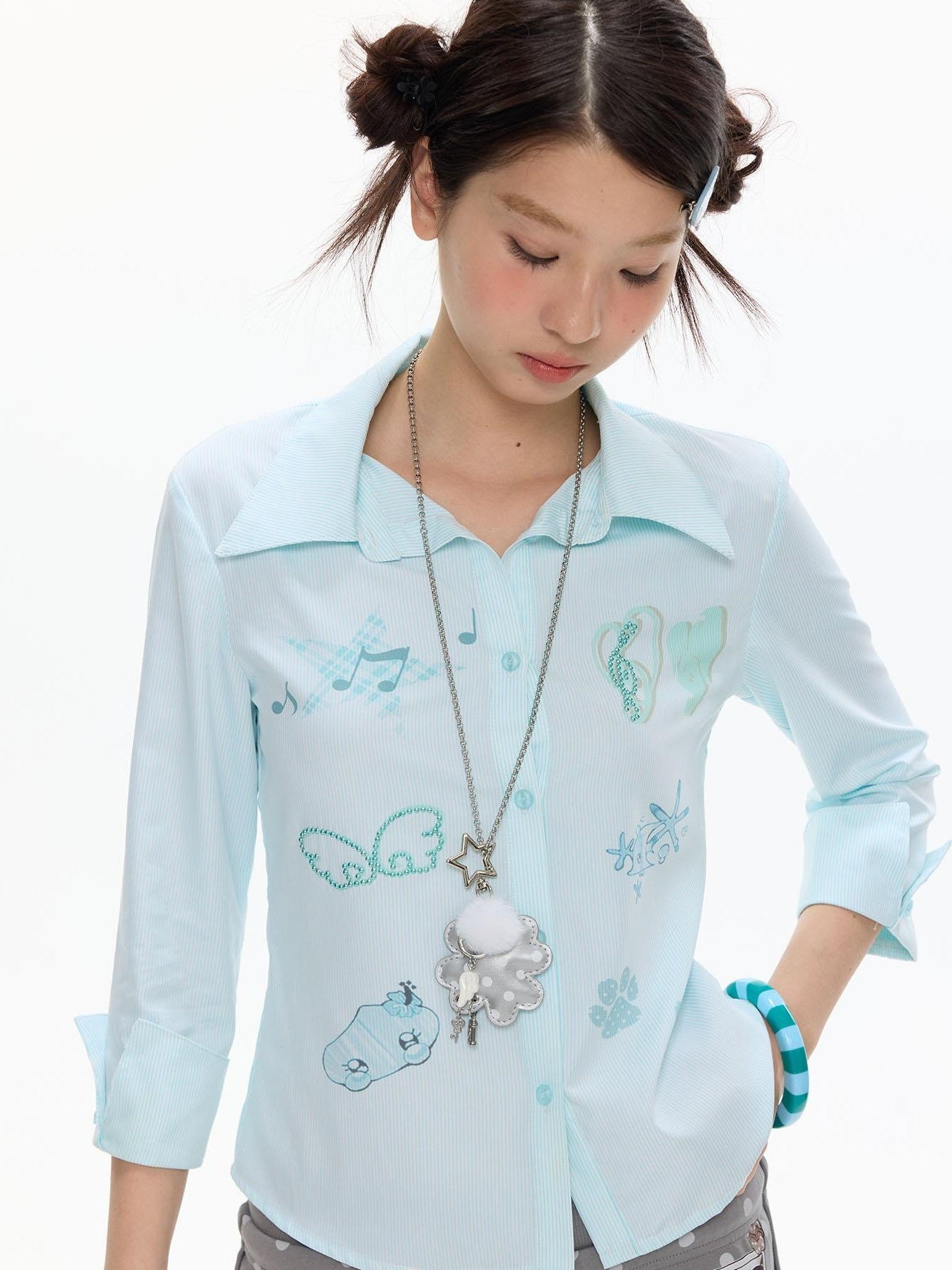 BETWEENAND Mint Striped Rhinestone Cinched Waist Stand Collar Women&