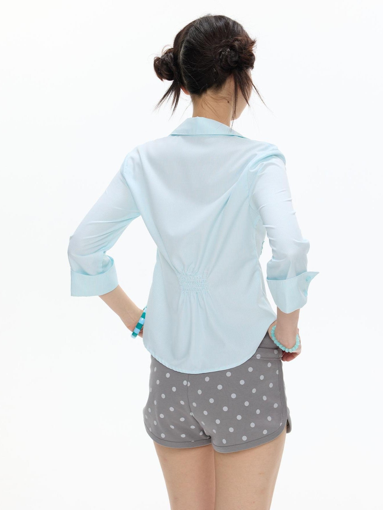 BETWEENAND Mint Striped Rhinestone Cinched Waist Stand Collar Women&