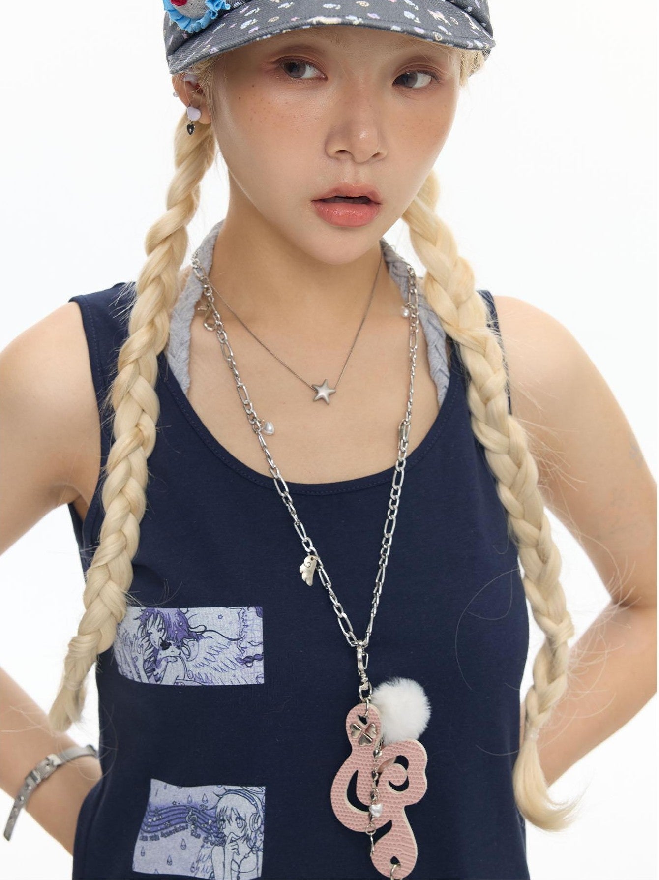 BETWEENAND Mist Blue Key Beaded Layered Look Women&