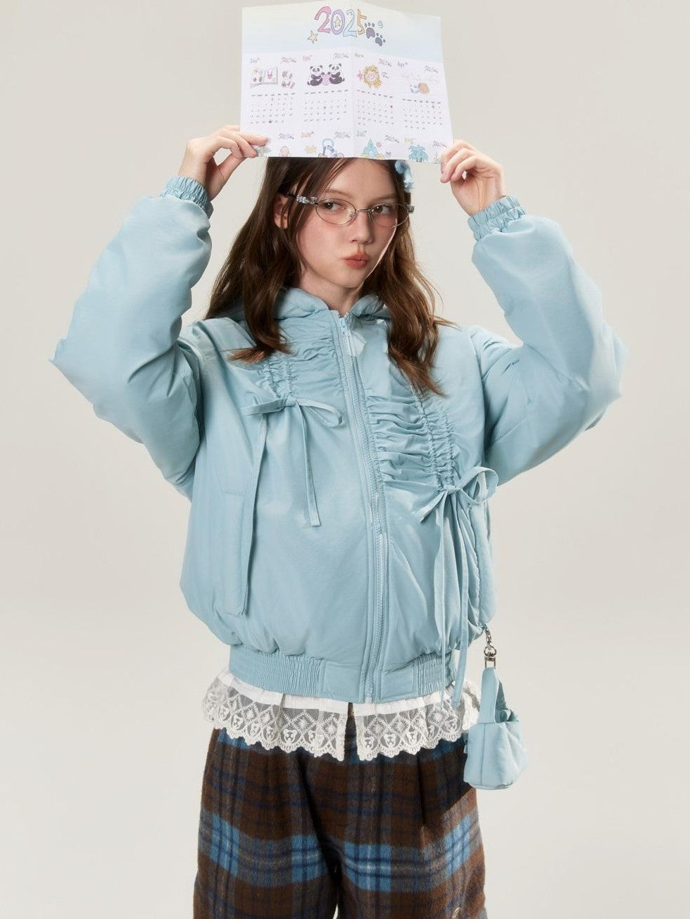 BETWEENAND Misty Blue Ruched Bow Embroidered Hooded Women&