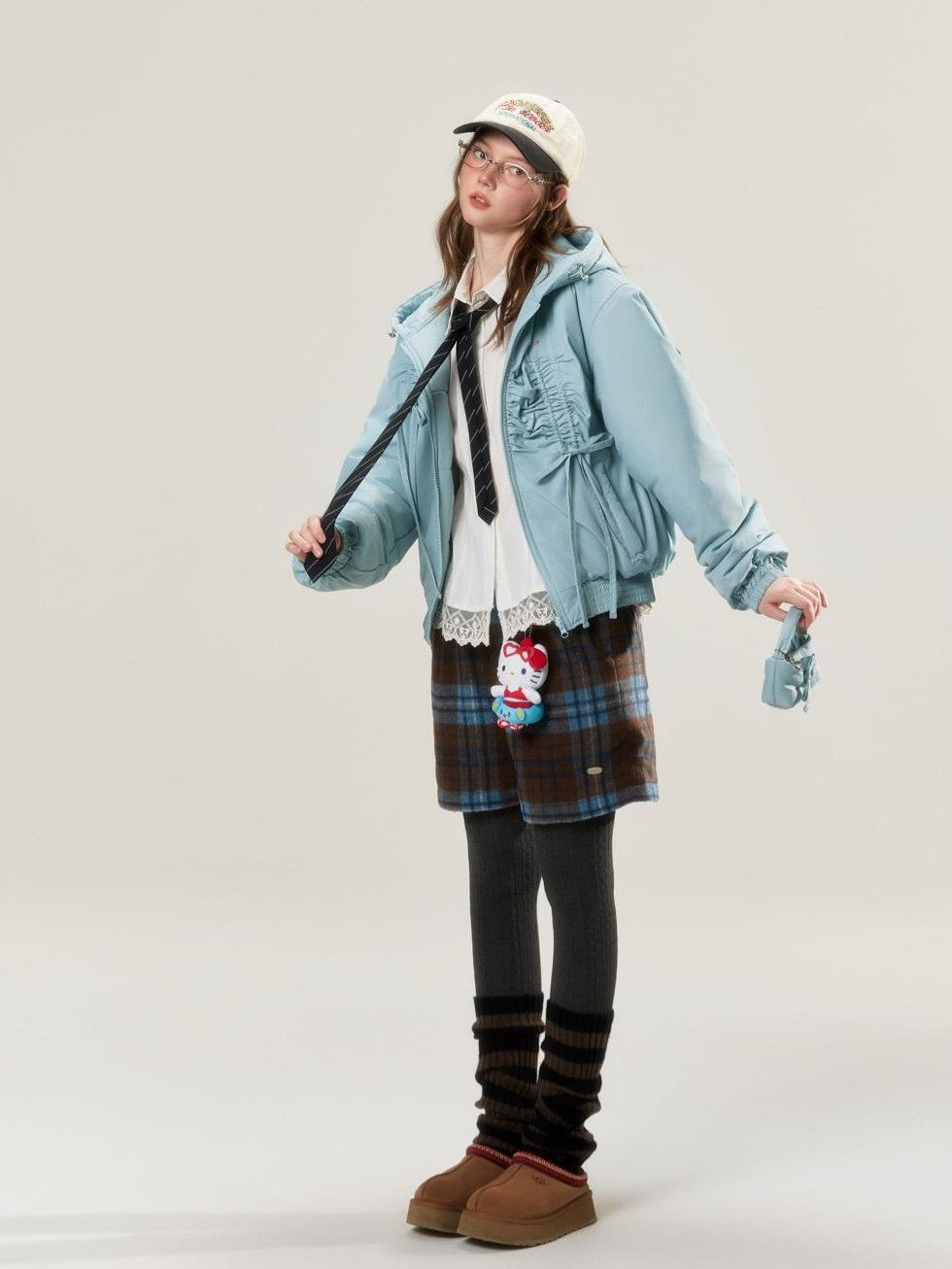 BETWEENAND Misty Blue Ruched Bow Embroidered Hooded Women&