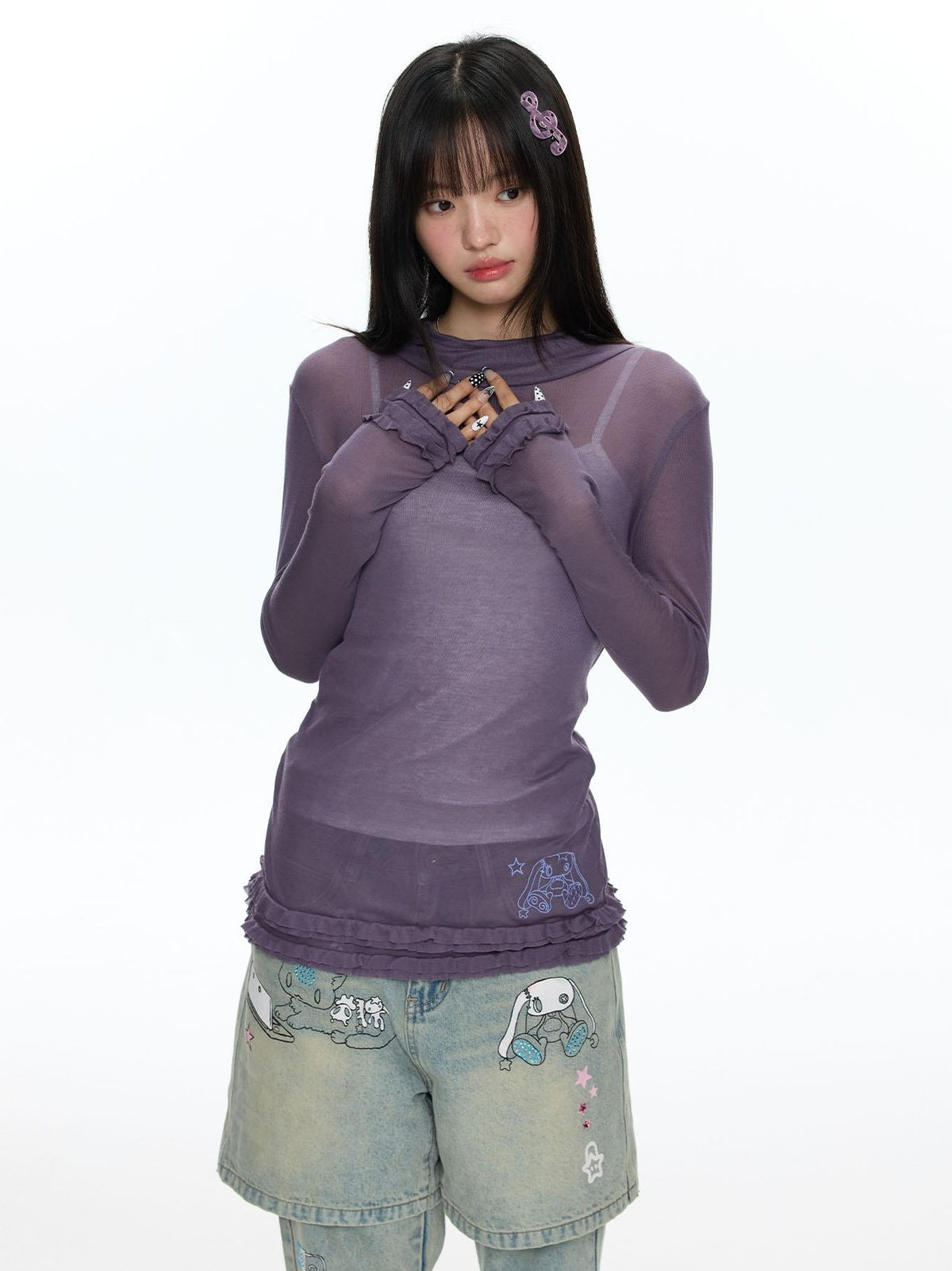 BETWEENAND Mock Neck Rolled Hem Semi Sheer Layered Women&