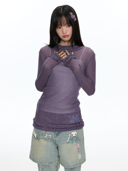 BETWEENAND Mock Neck Rolled Hem Semi Sheer Layered Women&