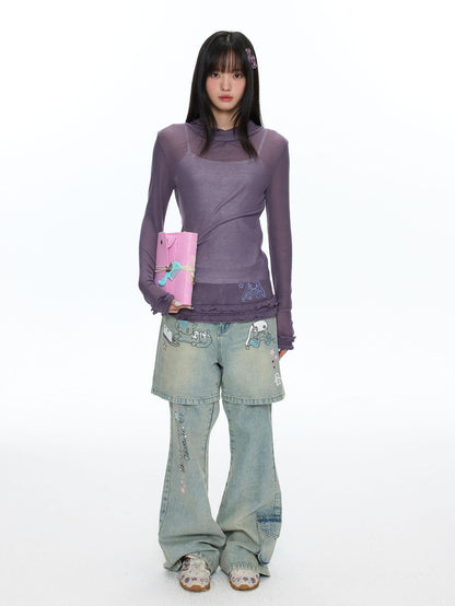 BETWEENAND Mock Neck Rolled Hem Semi Sheer Layered Women&