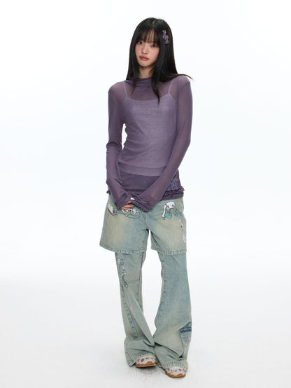 BETWEENAND Mock Neck Rolled Hem Semi Sheer Layered Women&
