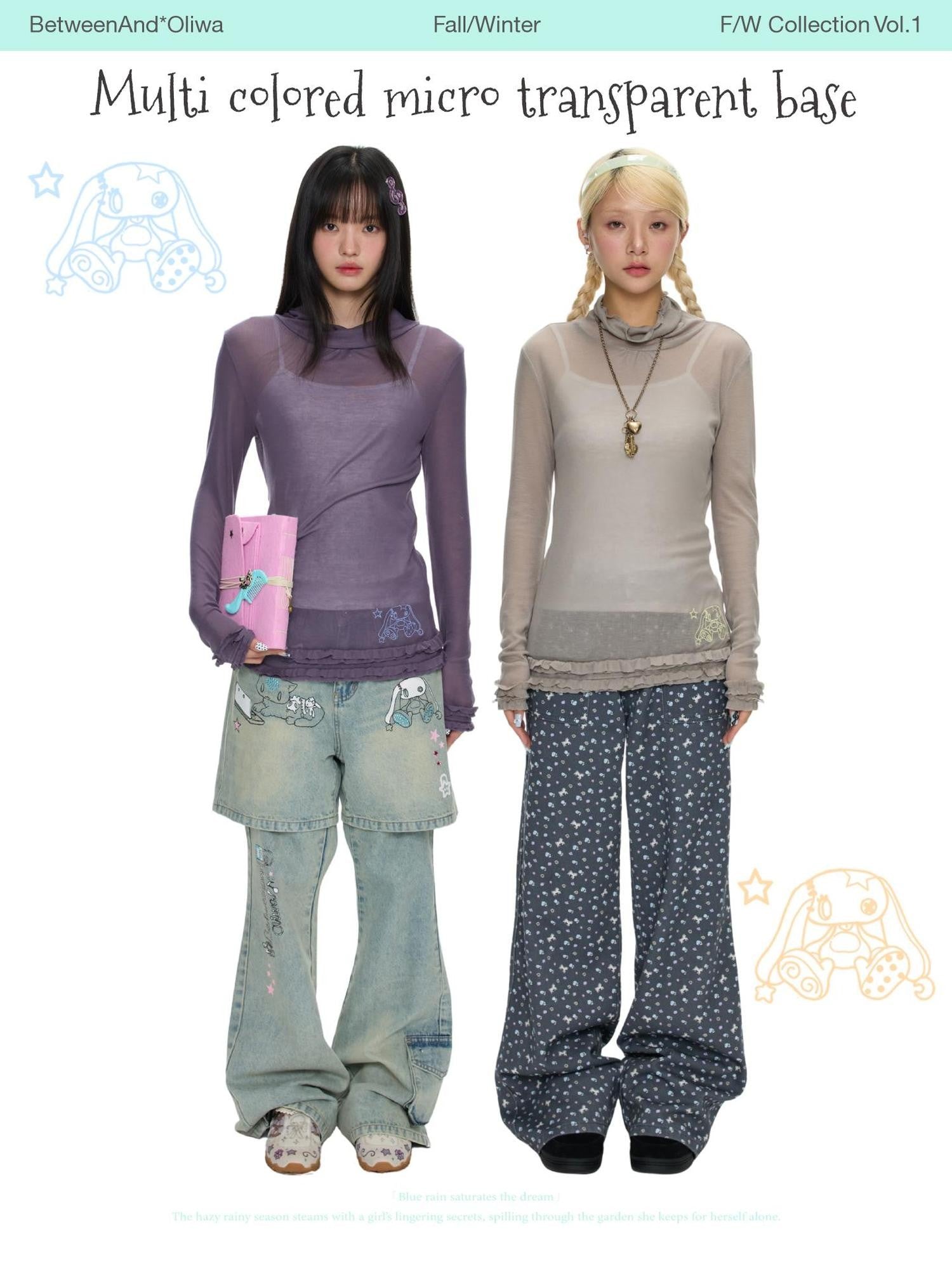 BETWEENAND Mock Neck Rolled Hem Semi Sheer Layered Women&