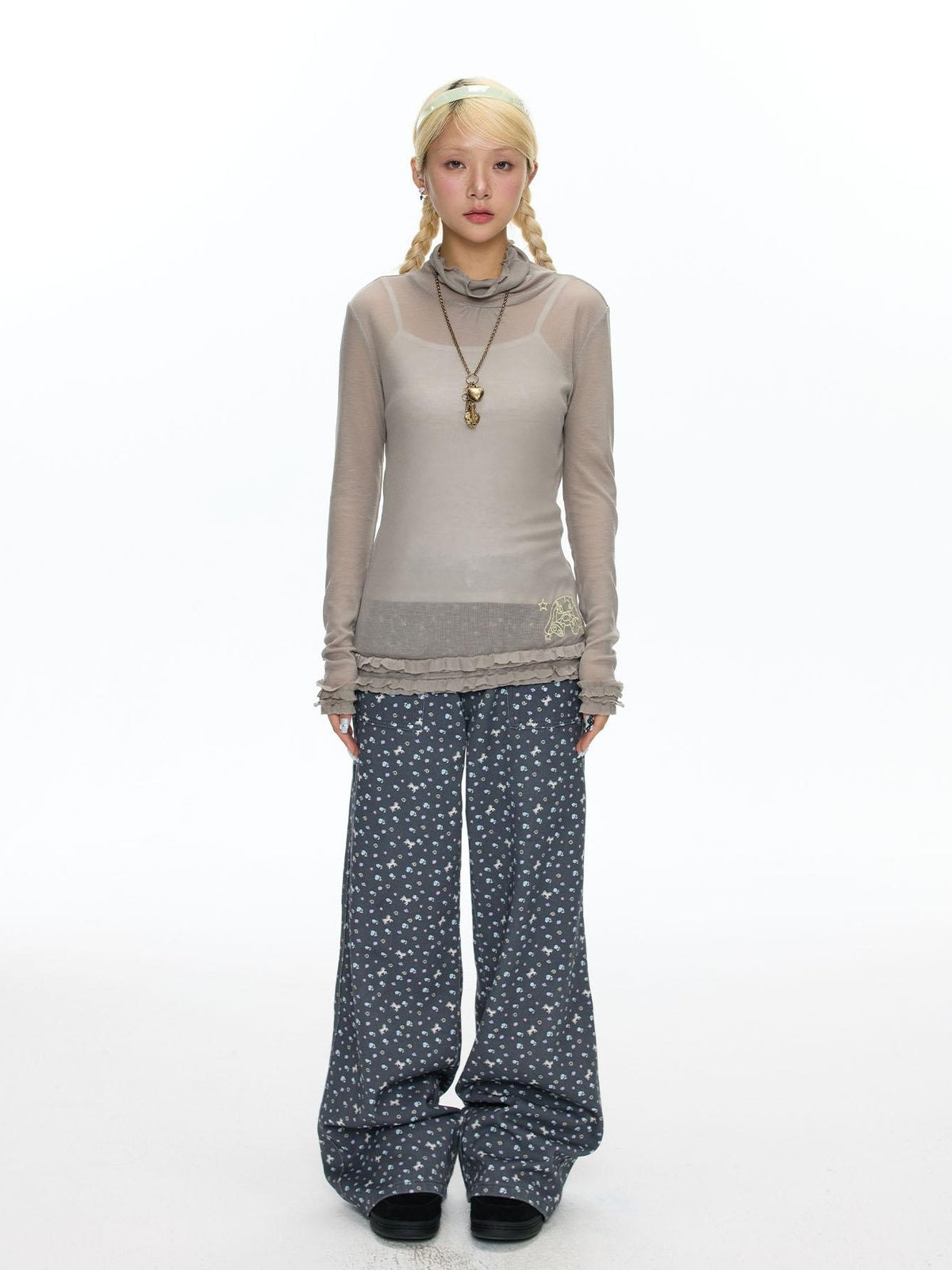 BETWEENAND Mock Neck Rolled Hem Semi Sheer Layered Women&