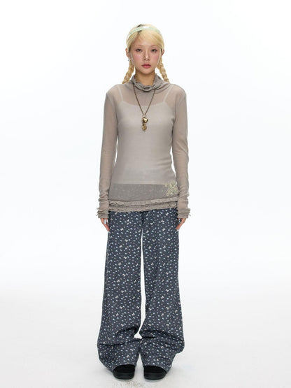 BETWEENAND Mock Neck Rolled Hem Semi Sheer Layered Women&