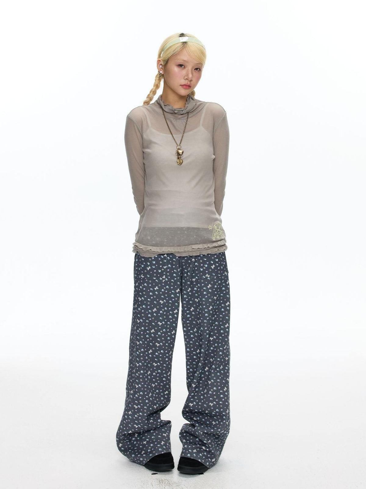 BETWEENAND Mock Neck Rolled Hem Semi Sheer Layered Women&